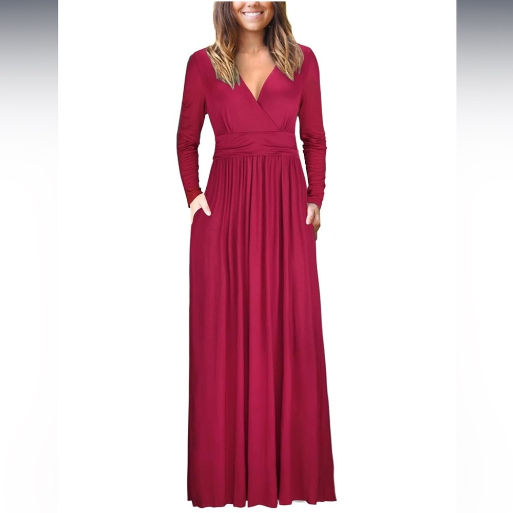 OUGES Women's Long Sleeve V-Neck Maxi Dress